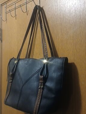 Sondra Roberts Squared Black Faux Leather Tote Bag with Croc Embossed Trim